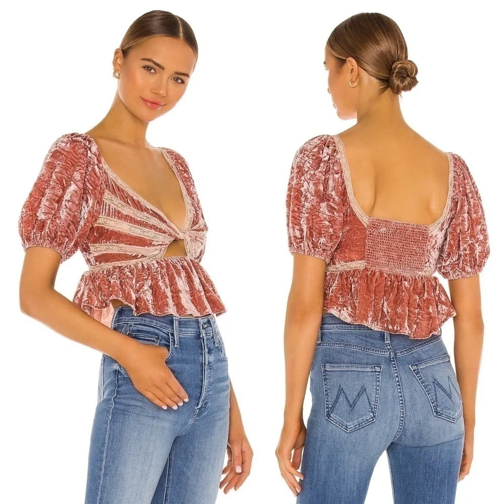 Free People Yours Truly Mauve Pink Velvet Lace Top Blouse XS